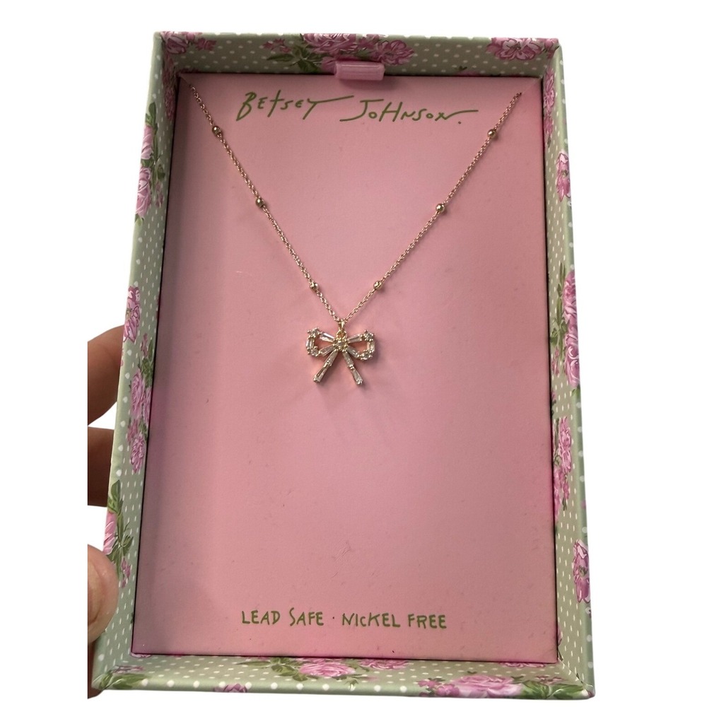 Betsey Johnson Rose Gold Crystal Bow Pendant Necklace 491985CB111 NIB